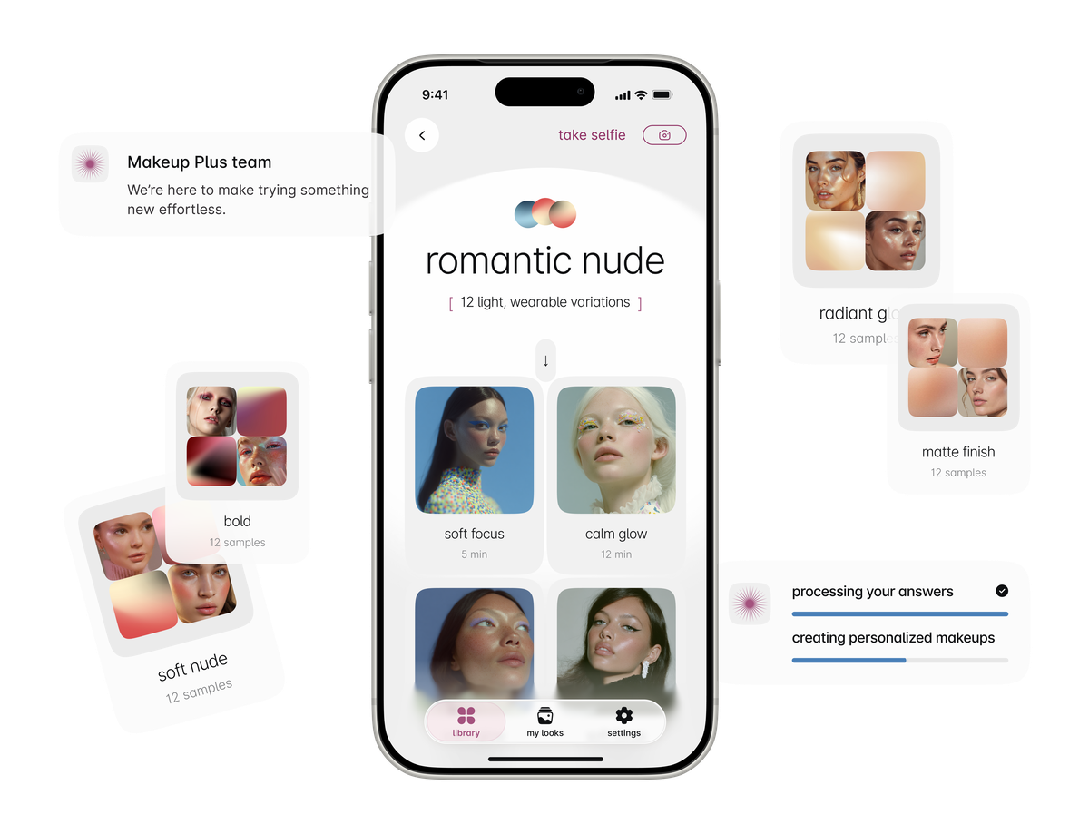 Makeup Plus open to the “romantic nude” look library on a phone, framed by look variations and personalized suggestions.