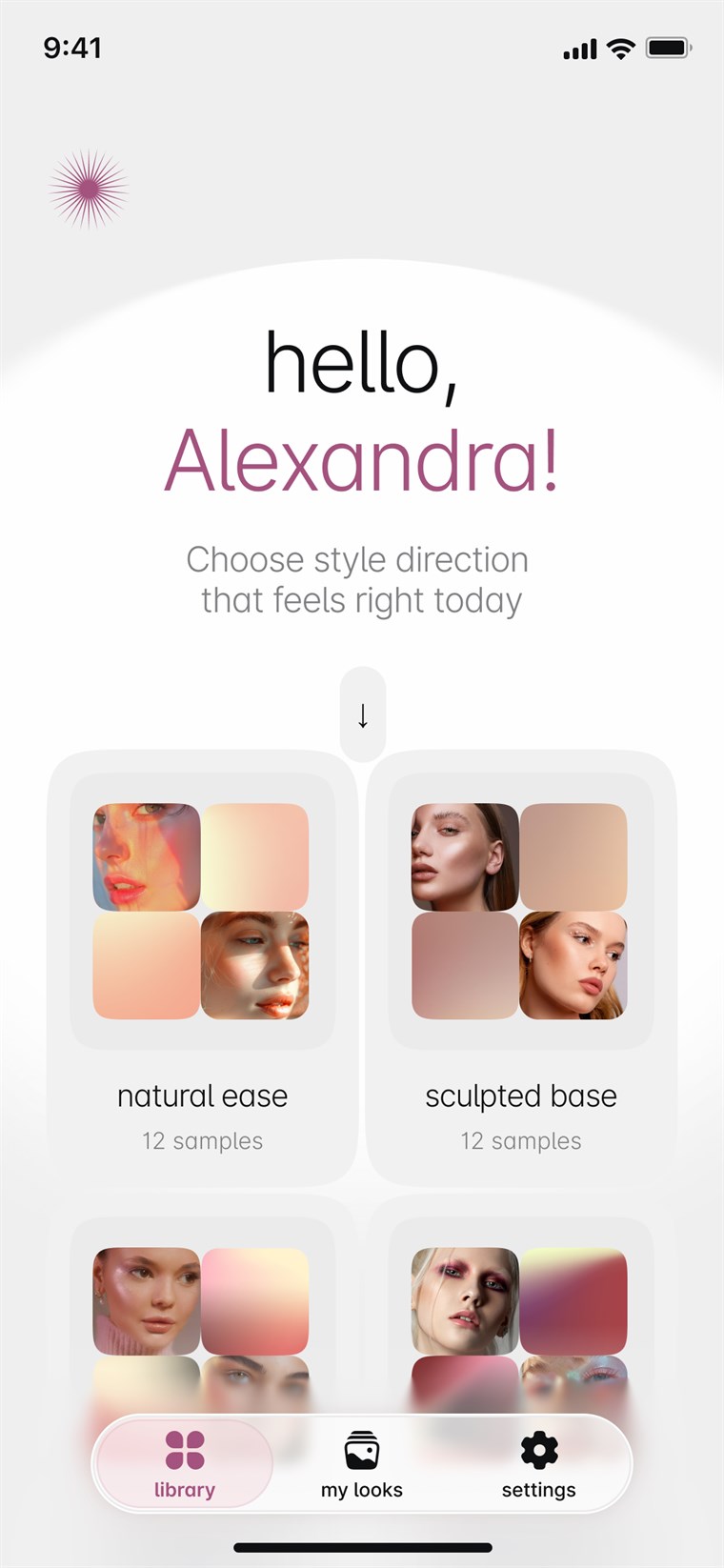 Home screen greeting the user with style directions to choose from.