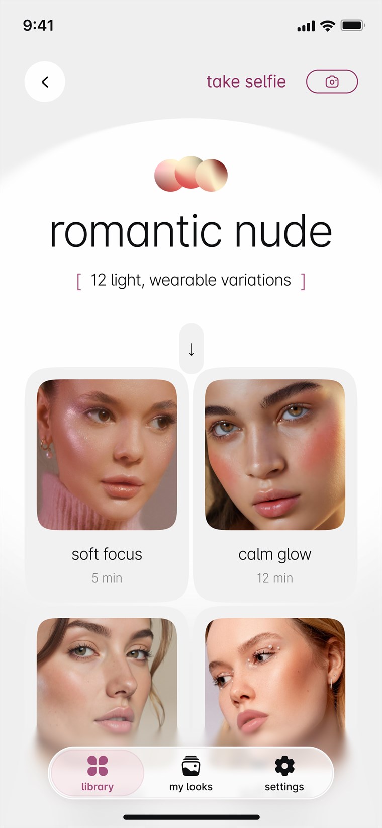 Makeup Plus library: the “romantic nude” collection with looks like Soft Focus and Calm Glow in a scrollable grid.