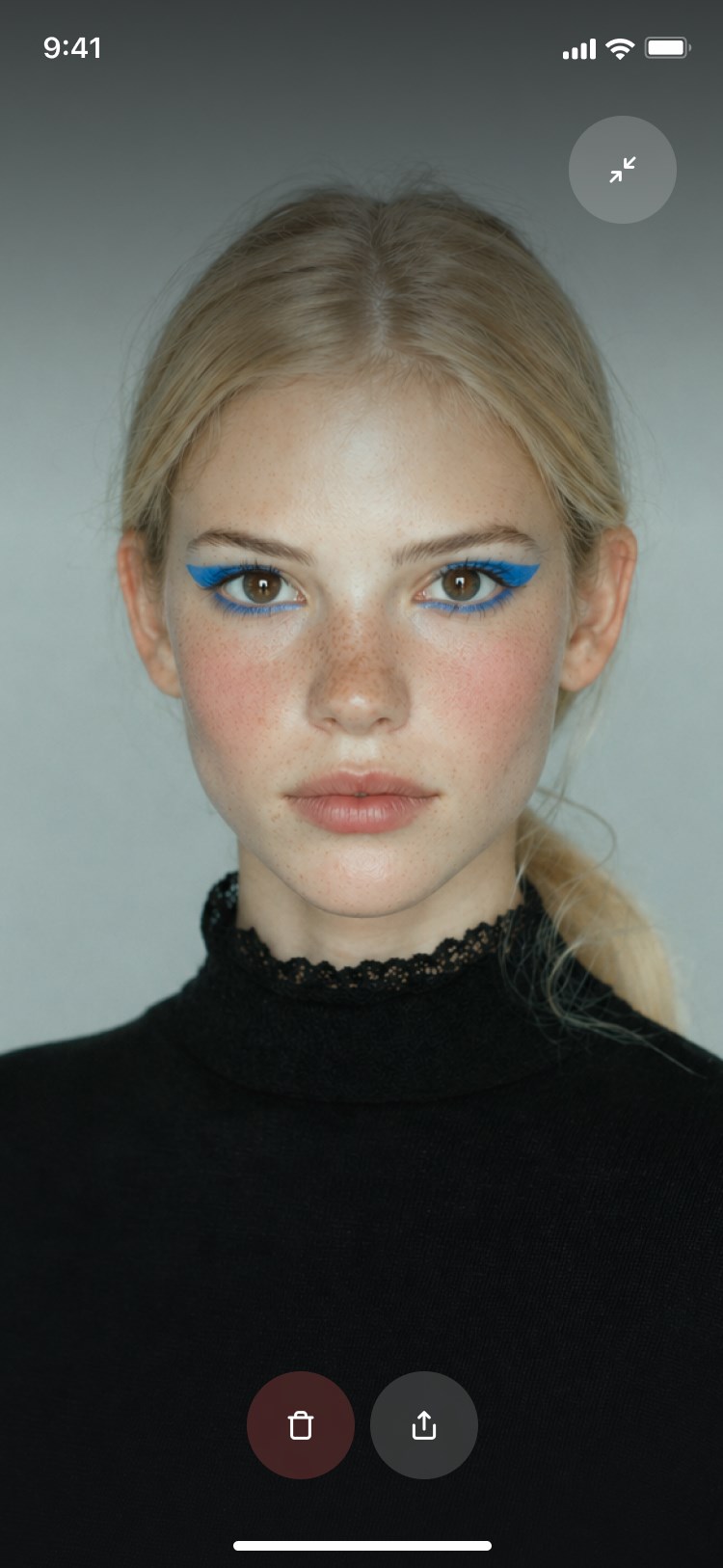 After: the same selfie with a full makeup look applied.